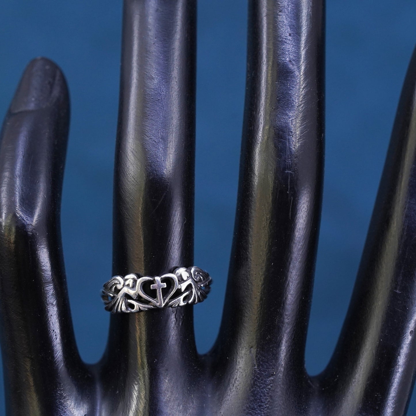 Size 5.5, sterling silver handmade ring, 925 filigree heart angel band cross