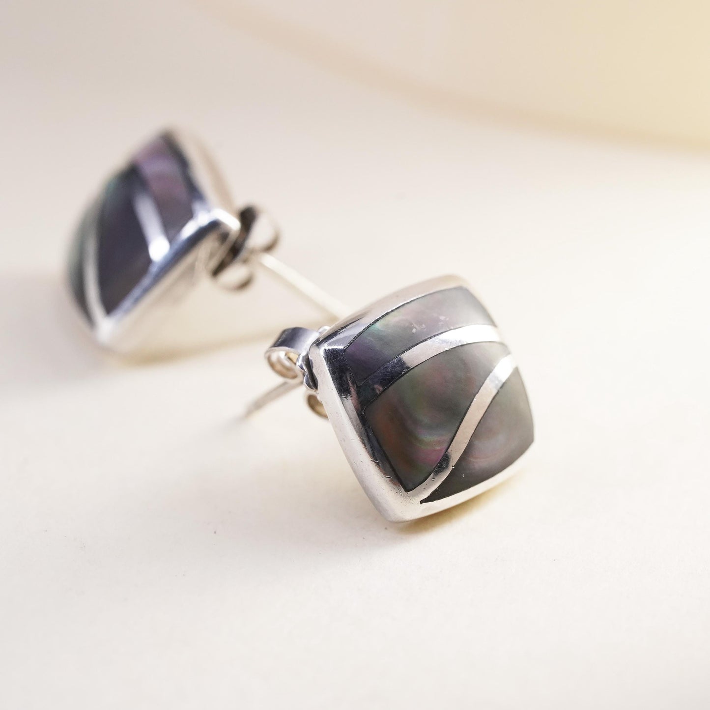 Vintage sterling silver handmade earrings, 925 square studs with abalone inlay