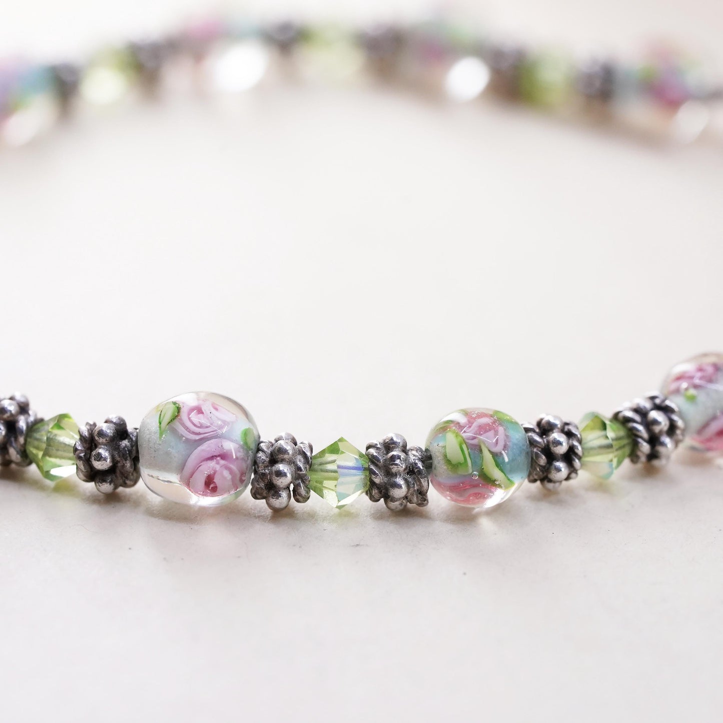 7", vintage 925 Sterling silver handmade bracelet artisan floral glass beads
