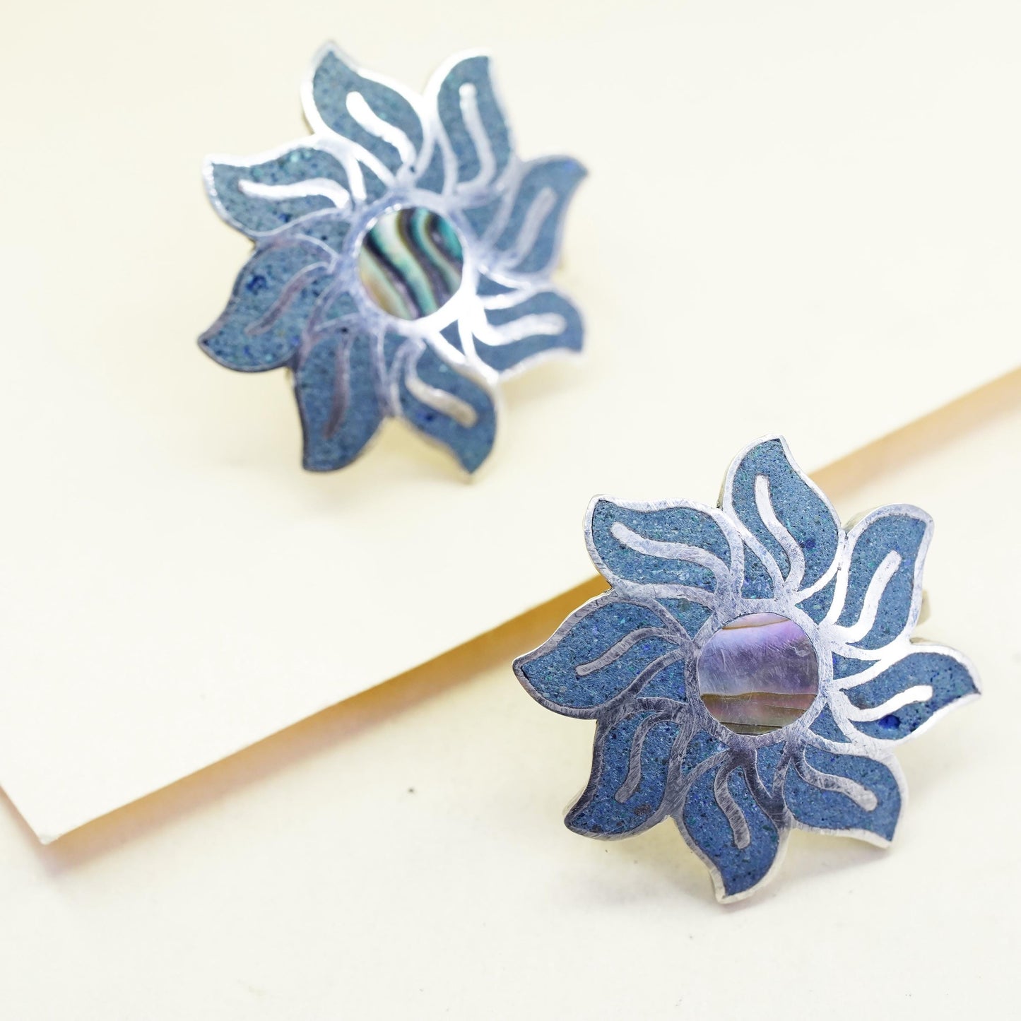 Taxco Hecho En Sterling silver flower earrings, 925 screw back sodalite abalone