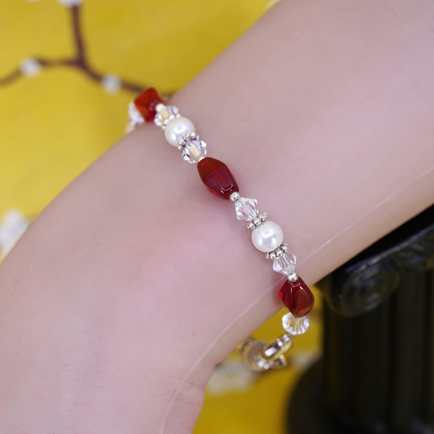 6.75”, Vintage Sterling 925 silver beads bracelet with pearl red crystal beads