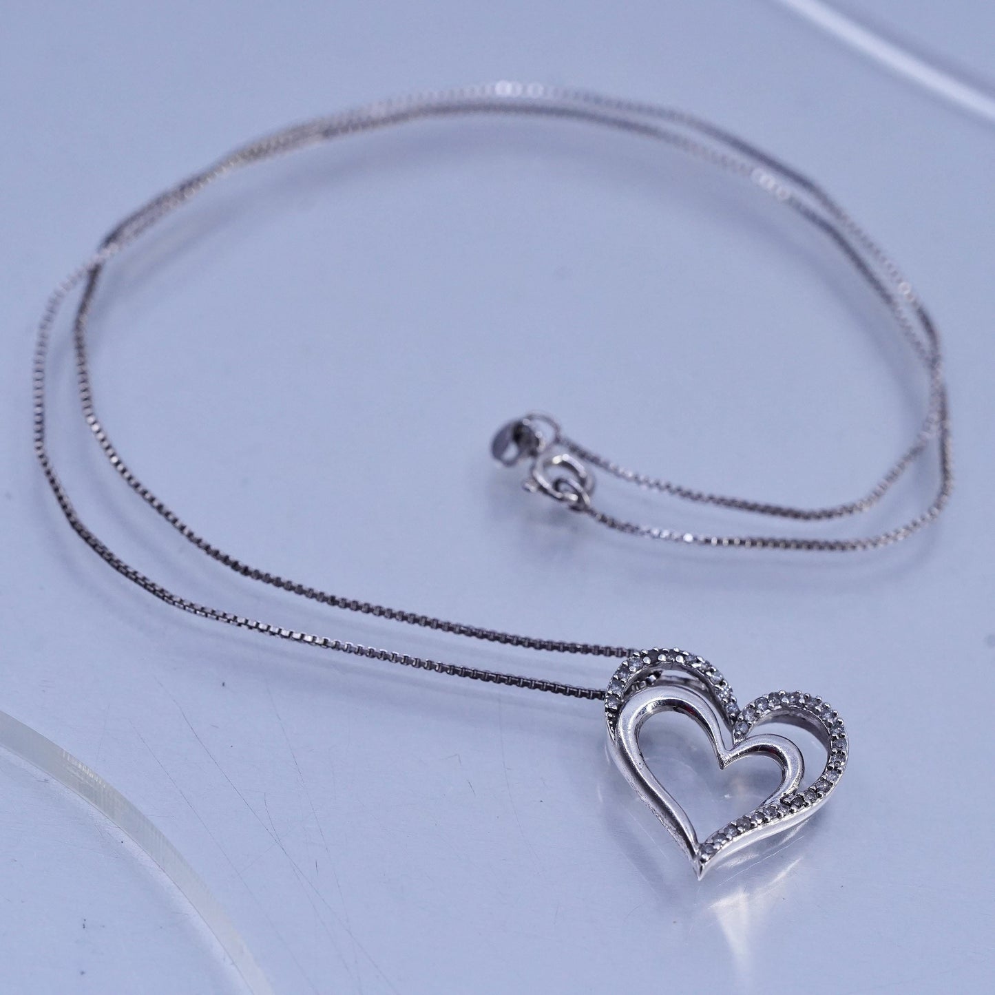 18", vintage Sterling 925 silver handmade box necklace diamond heart pendants