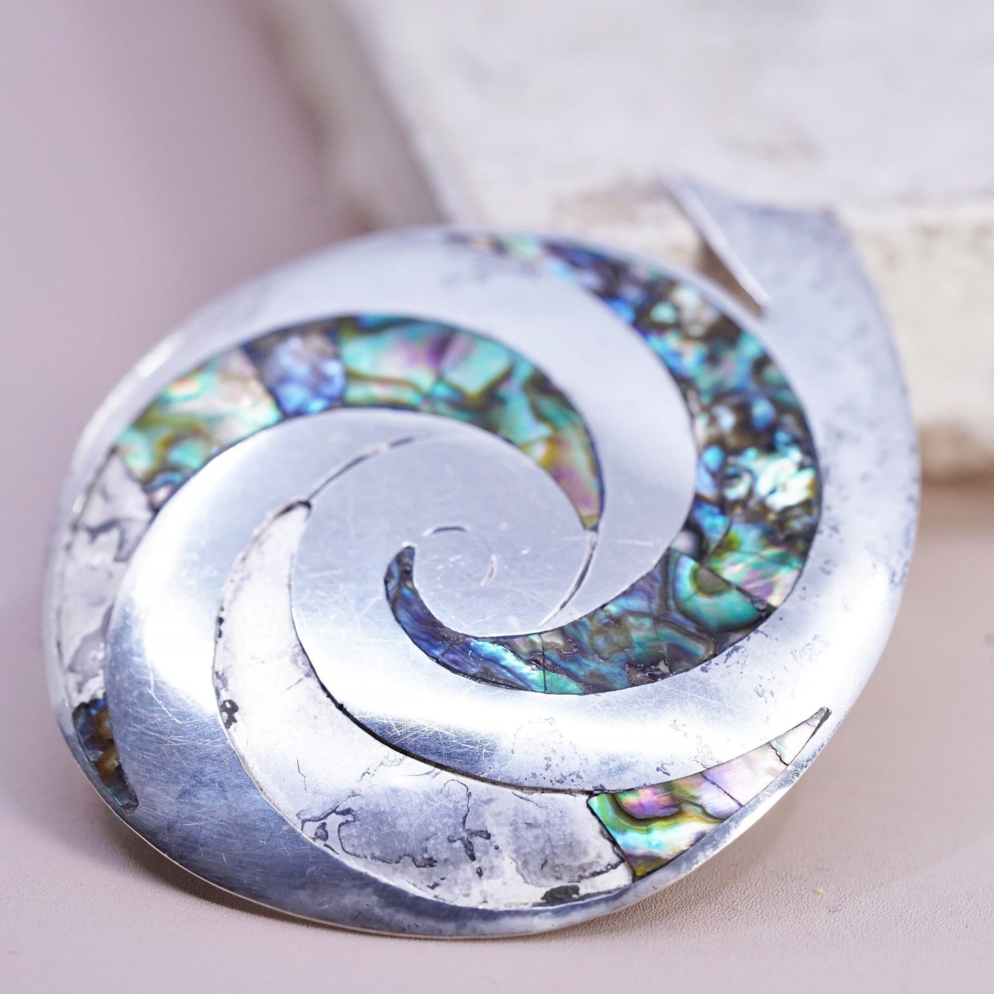 READ! Vintage Taxco Sterling silver handmade brooch, 925 sprial pendant abalone