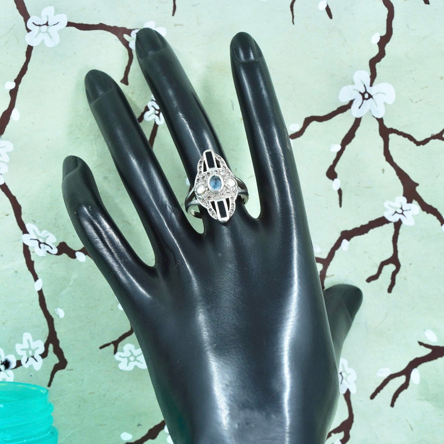 Size 8.25, vintage Sterling silver statement engagement ring with blue topaz
