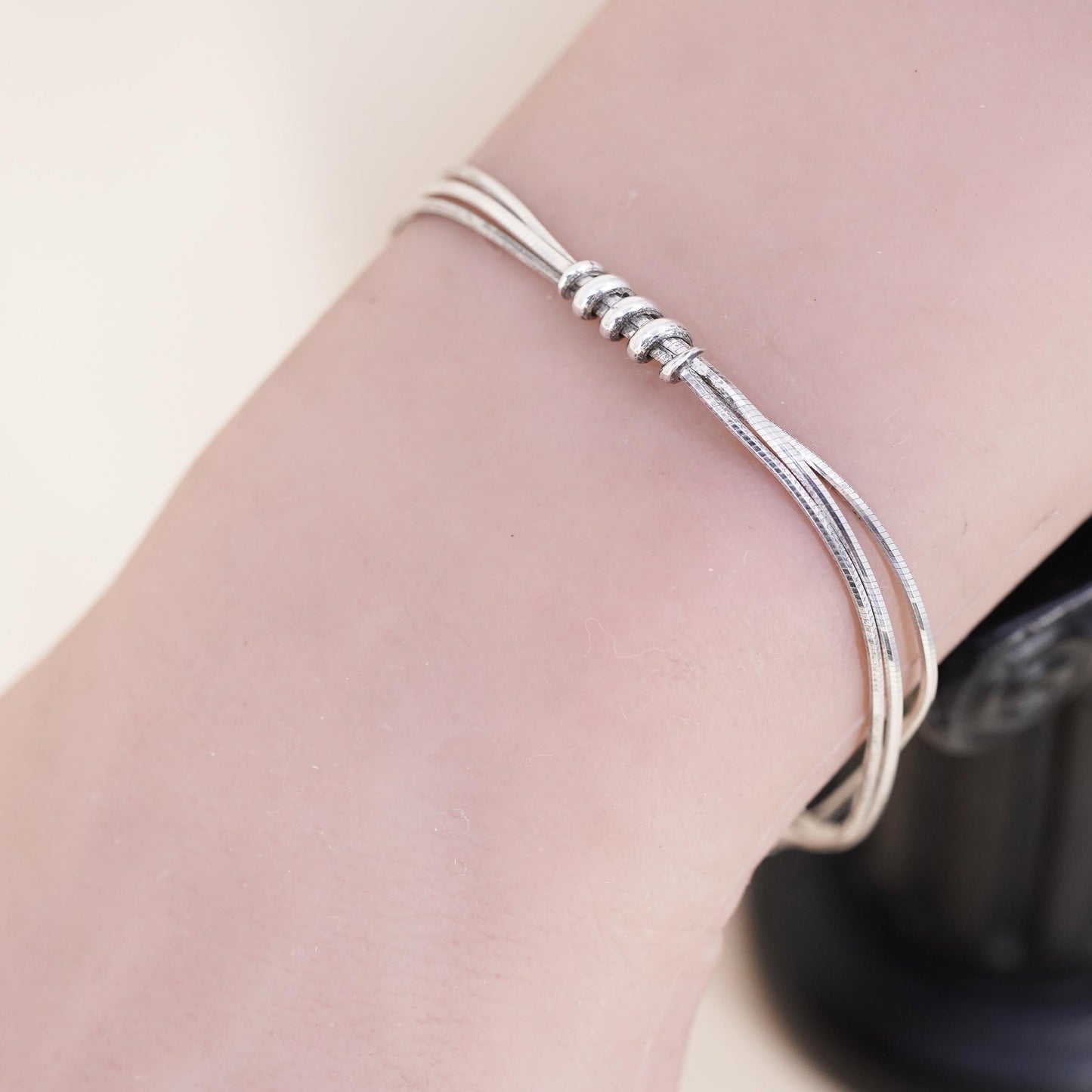 7”, vintage Italian triple strands sterling silver bracelet, 925 snake chain