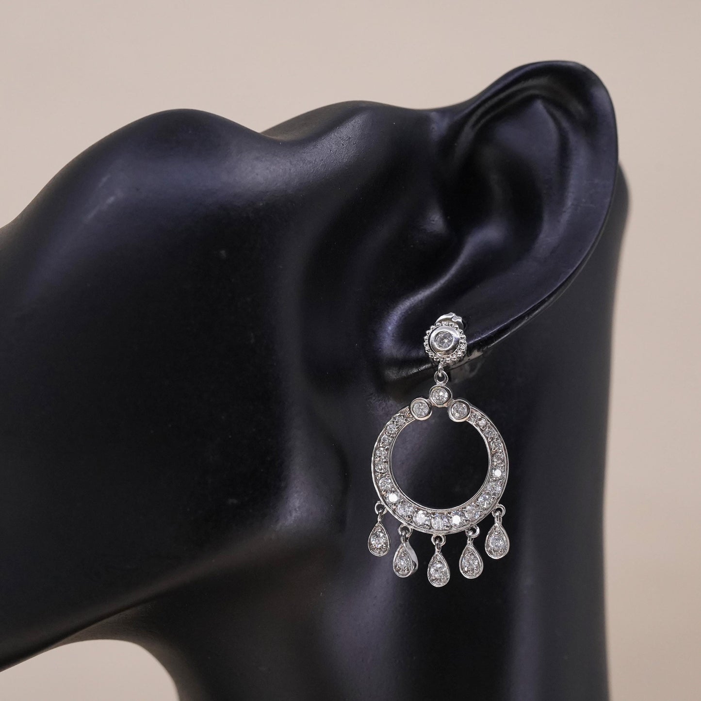 Vintage sterling silver single earring, 925 silver circle dangle with clear Cz