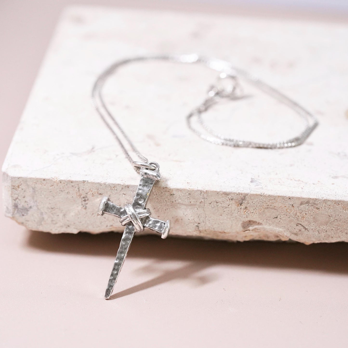 16”, VTG LIRM Sterling silver necklace, 925 box chain textured cross pendant