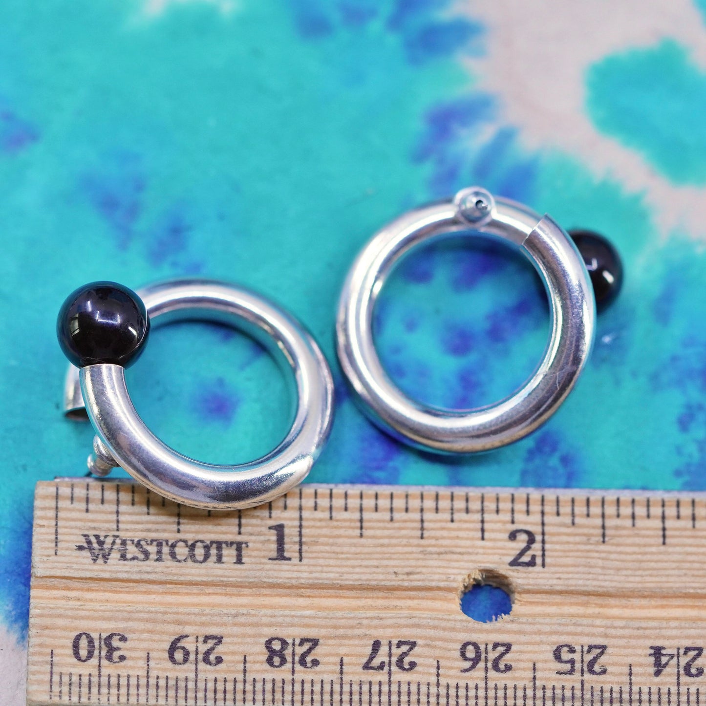 1”, Sterling silver handmade circle earrings, 925 circle studs with onyx bead