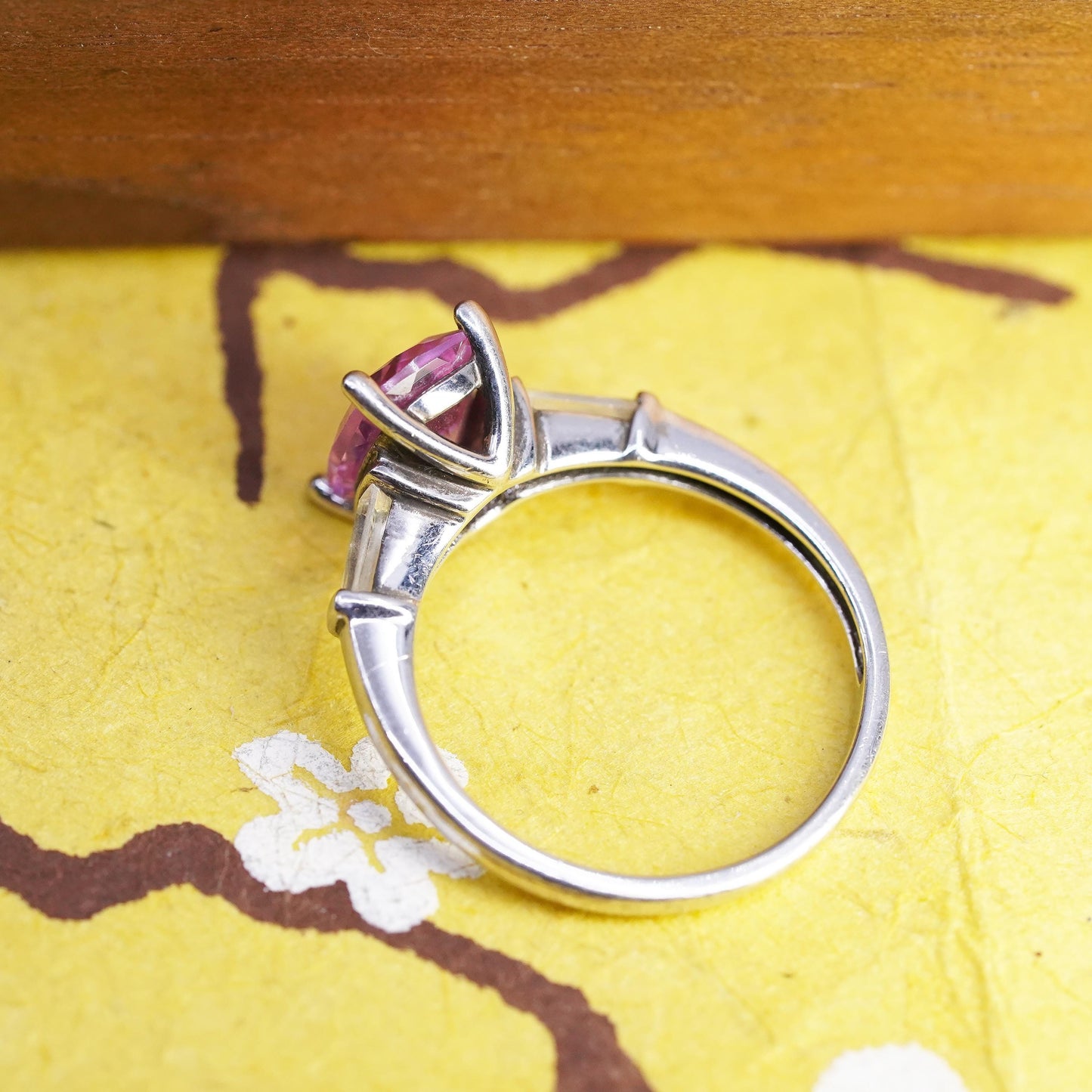 Size 7.25, vintage Sterling silver handmade ring, 925 band pink white sapphire