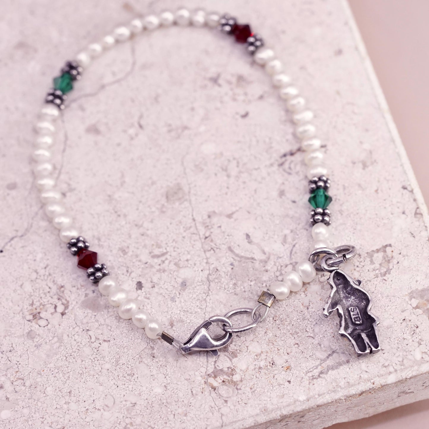 6.25”, vintage Sterling 925 silver bracelet with pearl beads and Santa charm