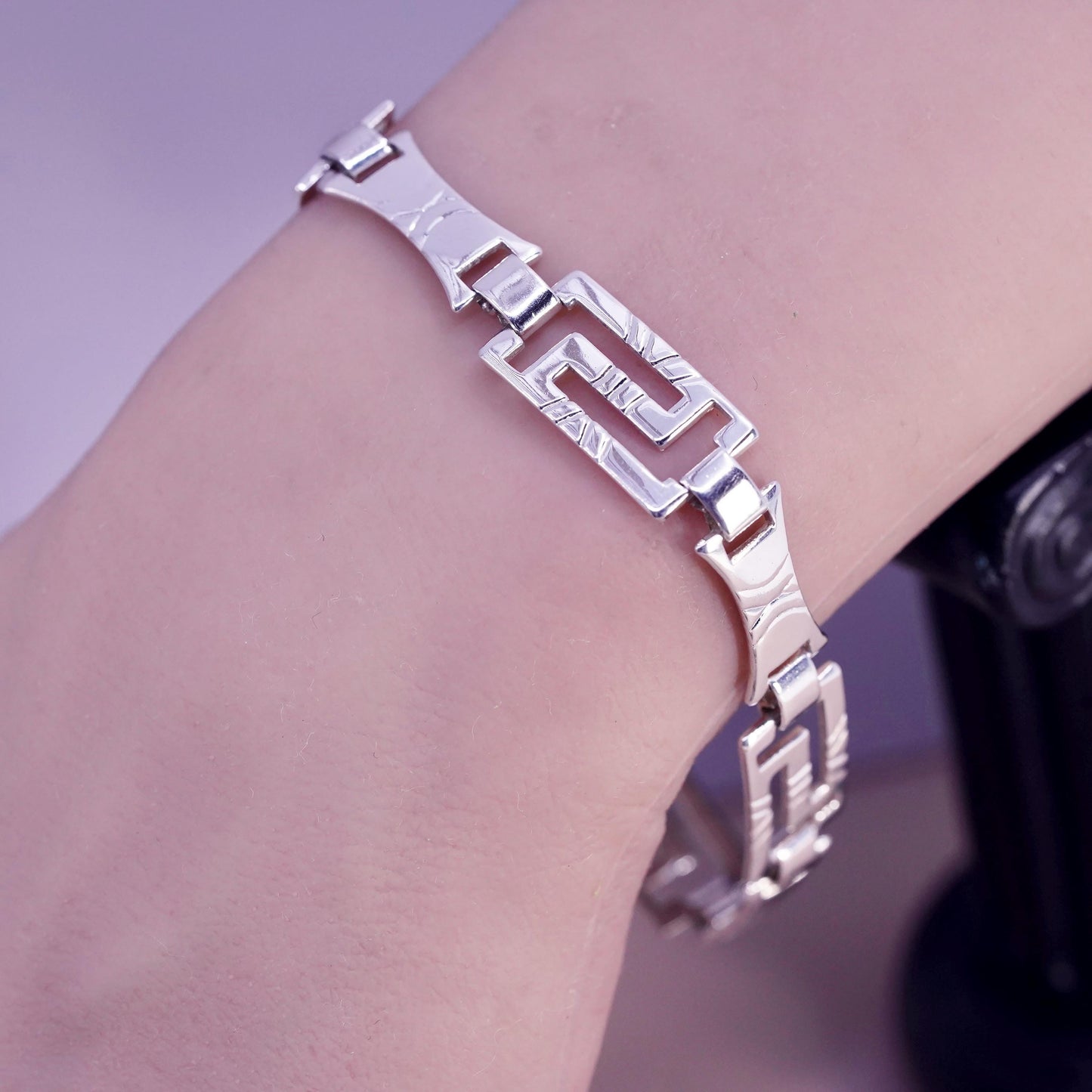 7.5”, vintage Sterling silver tennis bracelet, 925 Greek key patterned link