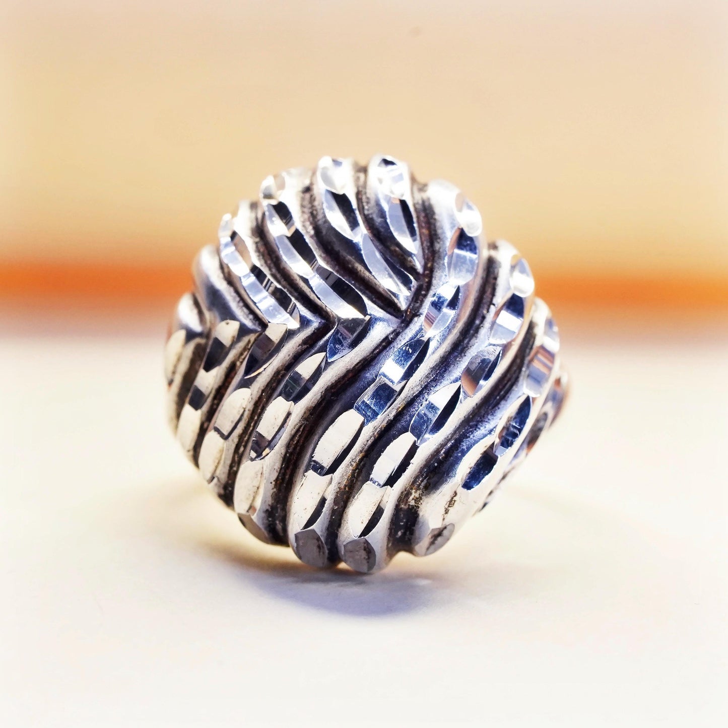 Size 6, ALA modernist sterling silver ribbed ring, textured 925 band, modernist