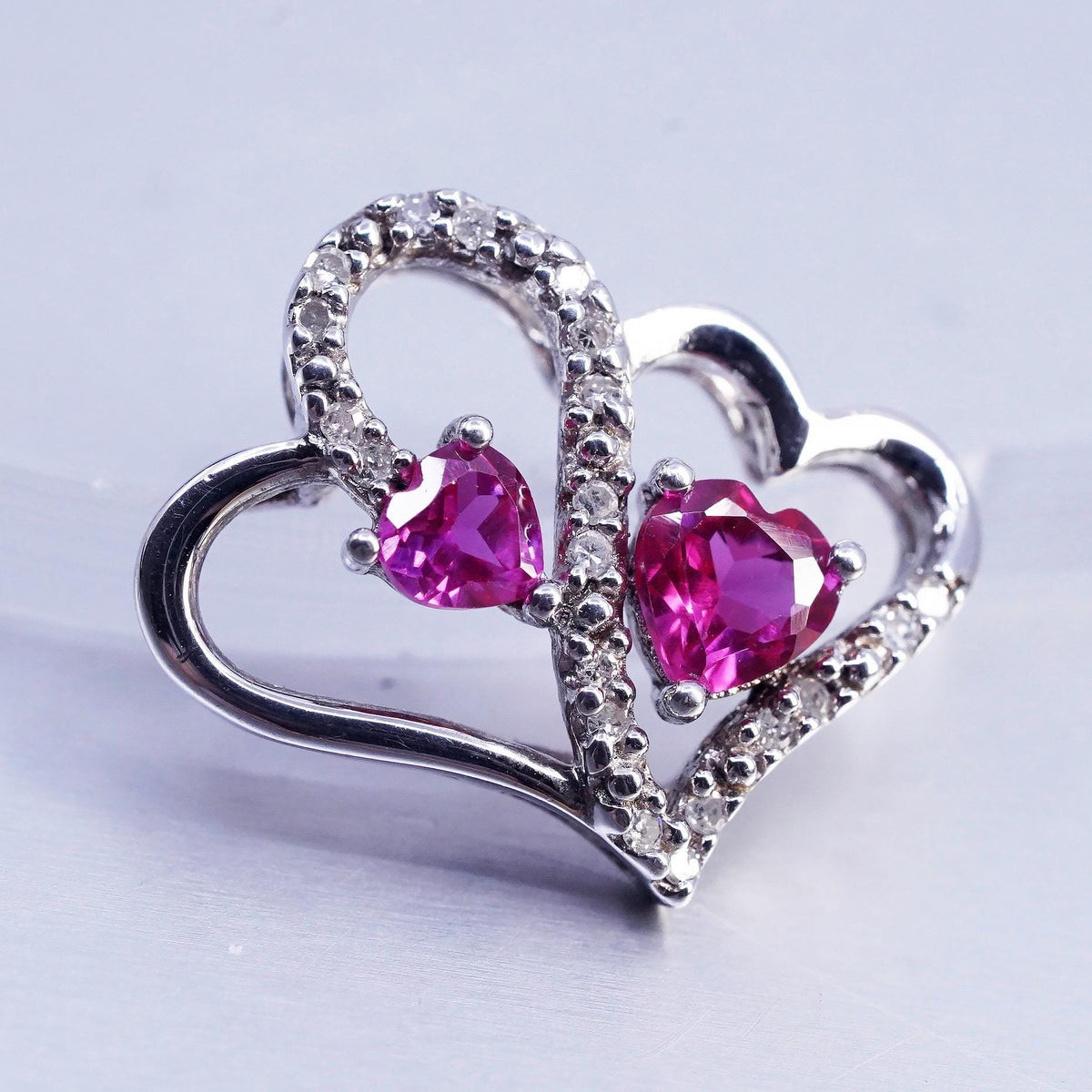Vintage sterling 925 silver double heart pendant with diamond and ruby