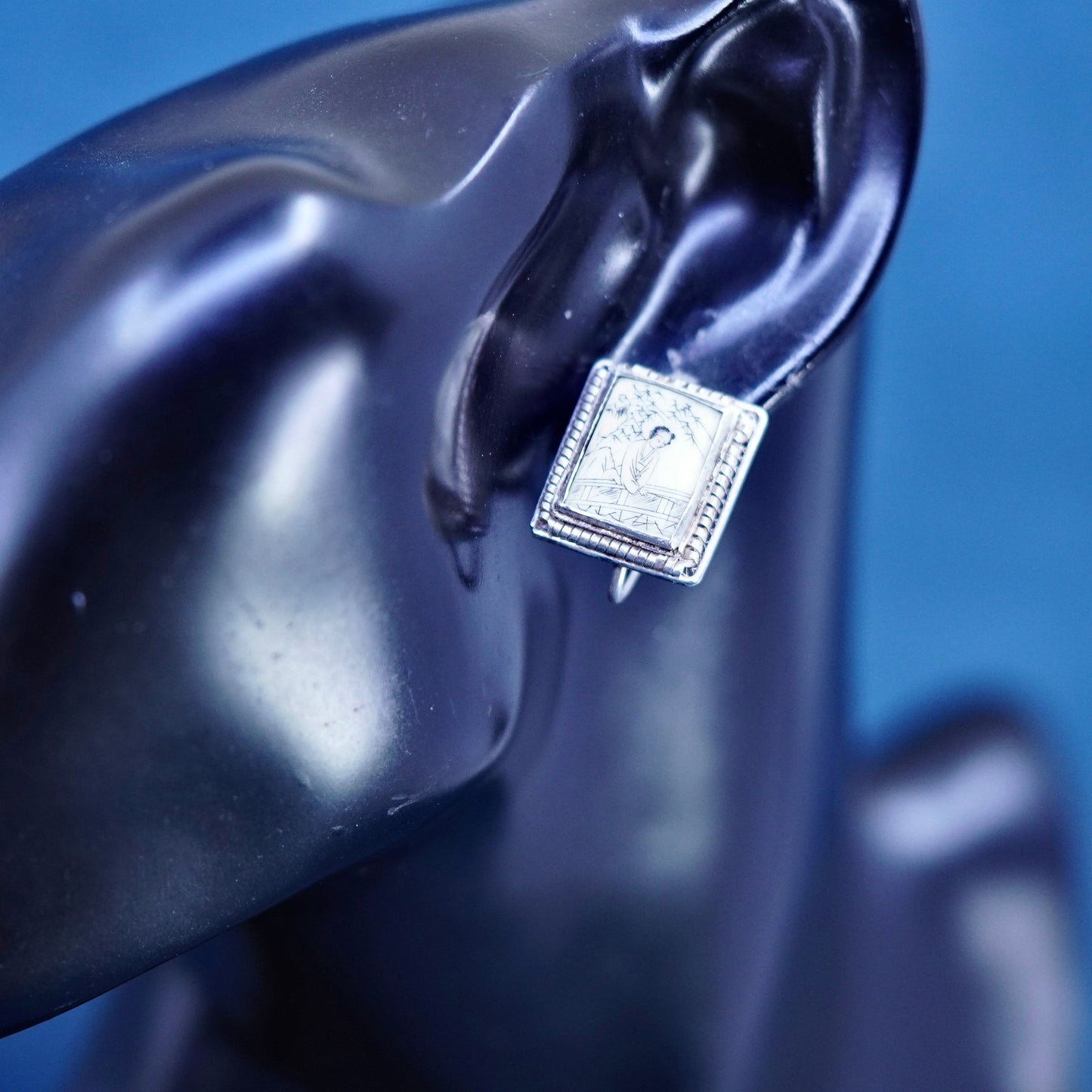 Vintage Sterling 925 silver screw back earrings with ancient Chinese painting