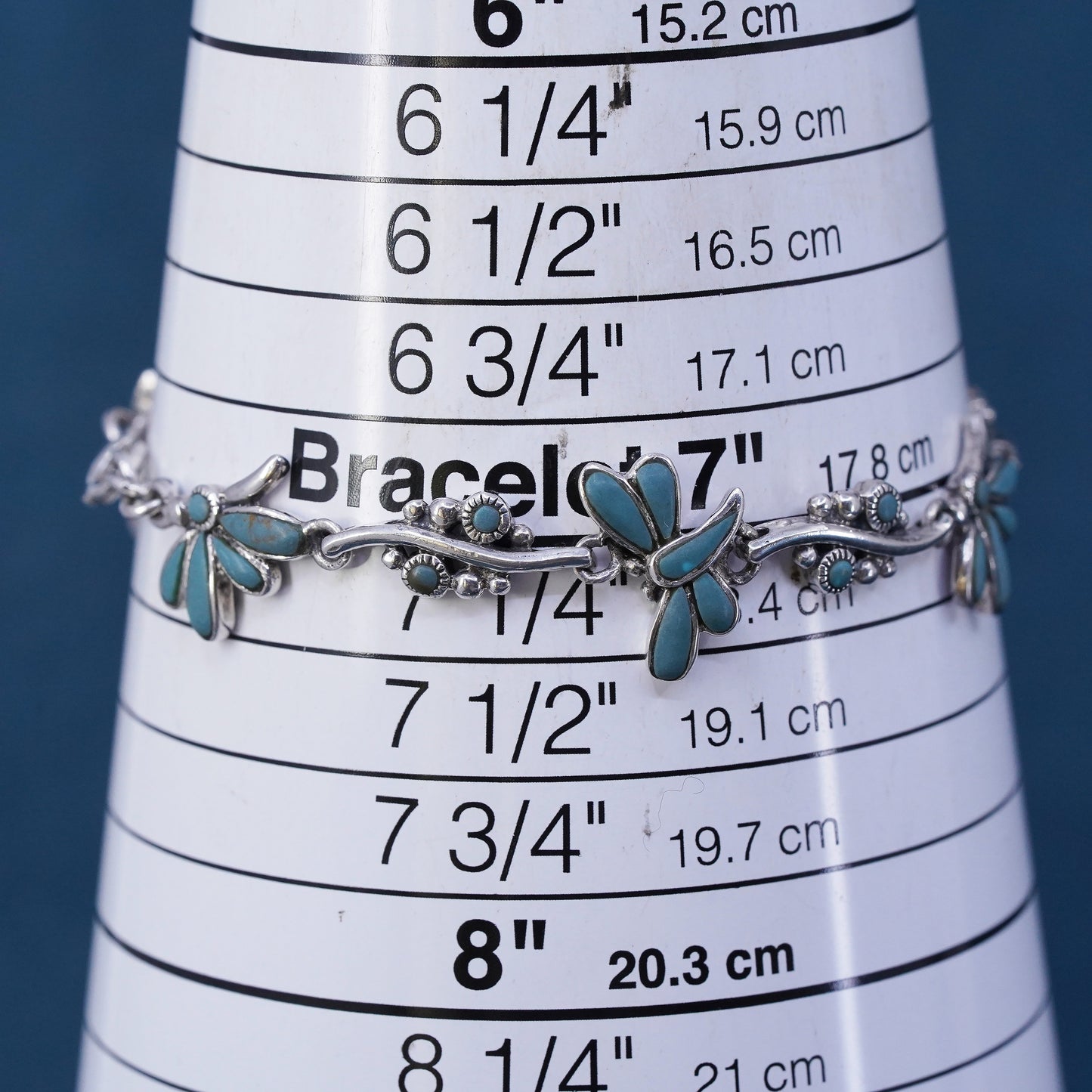 7”, vintage southwestern sterling 925 silver dragonfly bracelet with turquoise