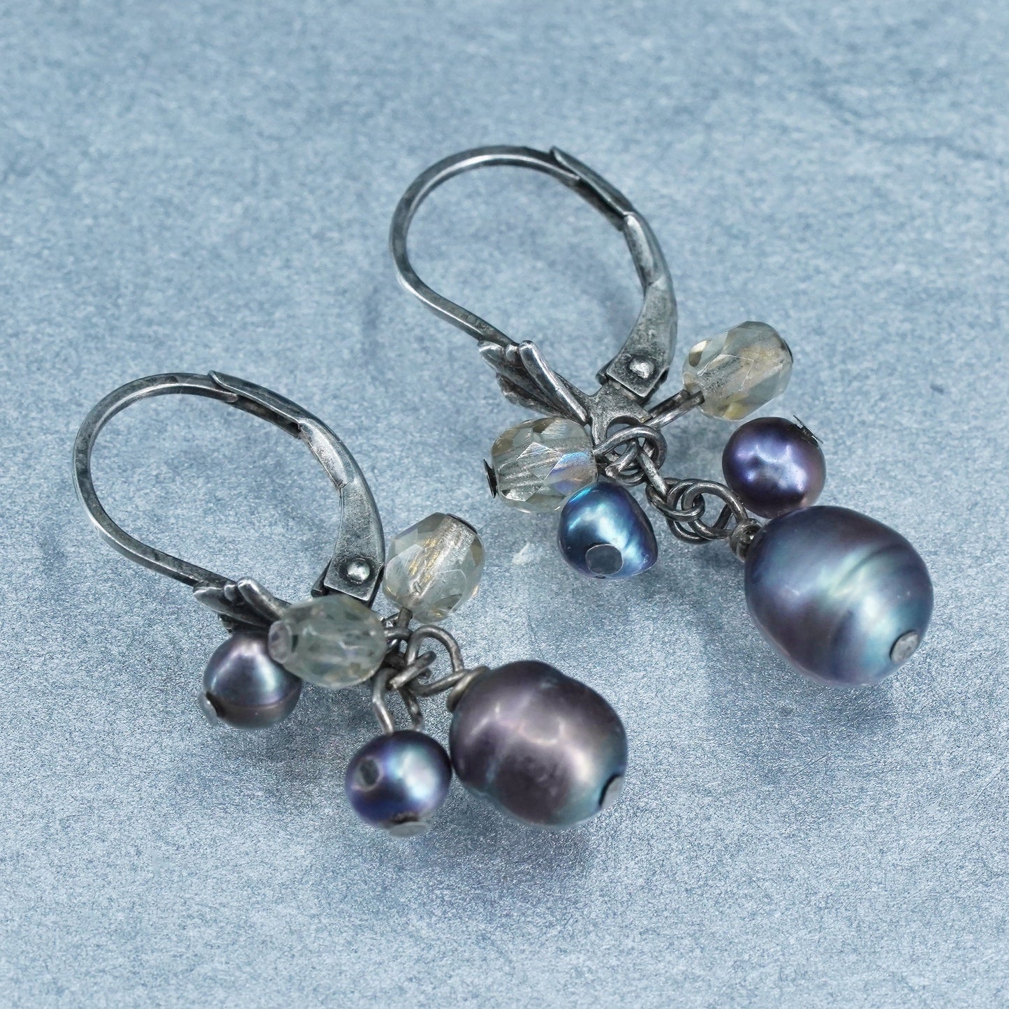 Vintage Sterling 925 silver handmade earrings with black pearl