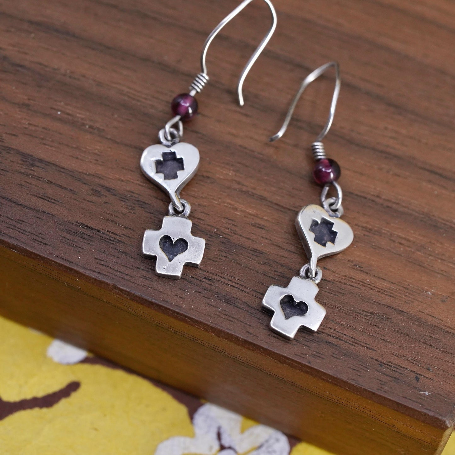 vintage handmade sterling silver earrings, 925 heart cross shaped dangles