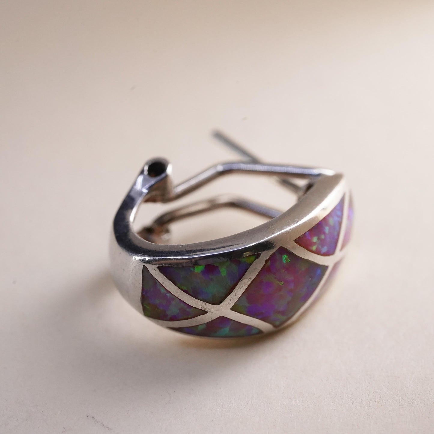 Vintage handmade single earring. Sterling 925 silver stud with opal inlay