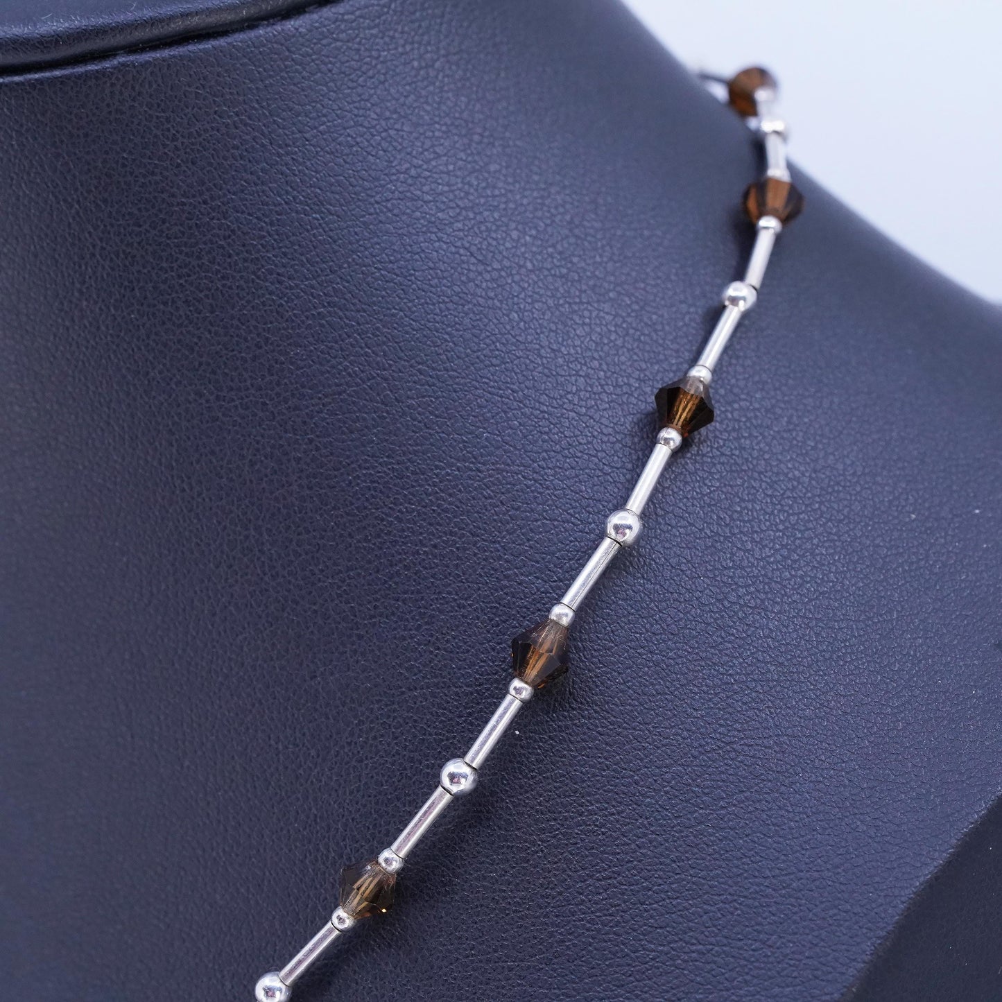 16", Native American Sterling 925 liquid silver necklace brown crystal beads