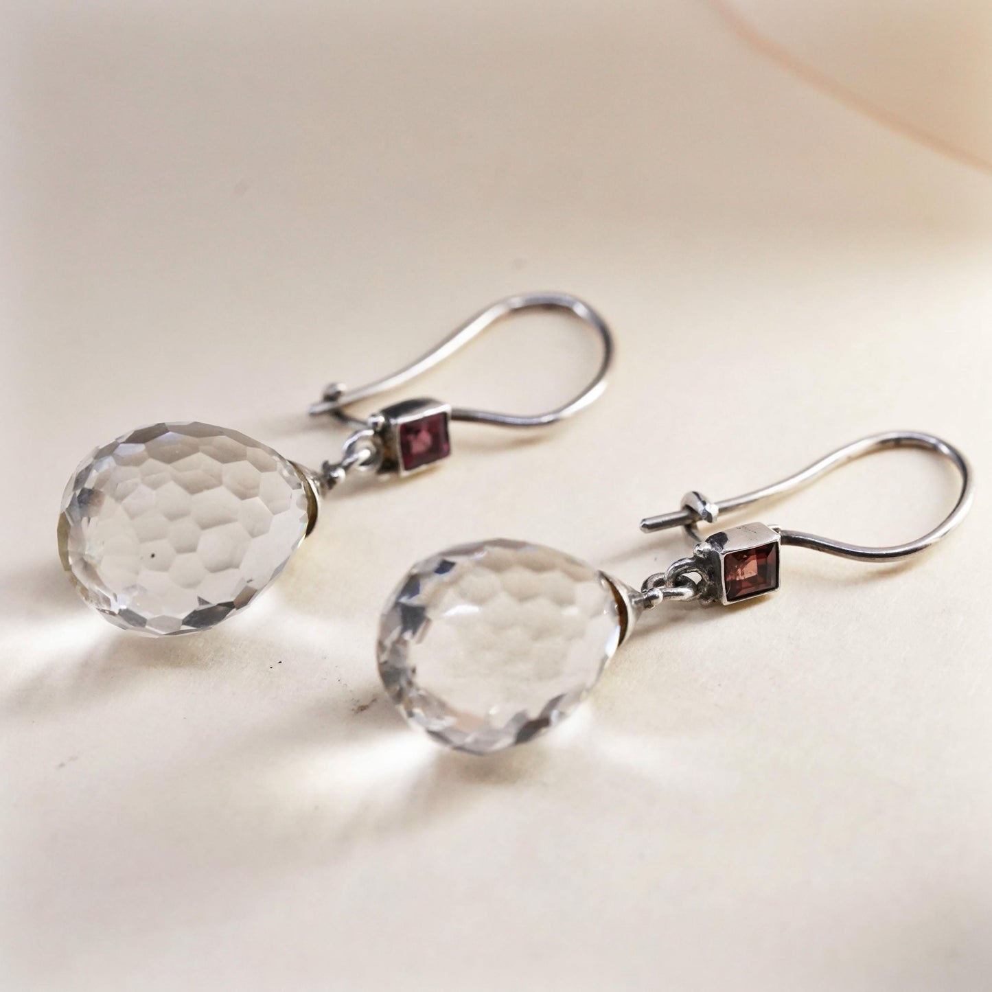 Vintage sterling silver 925 earrings with teardrop crystal drops ruby details