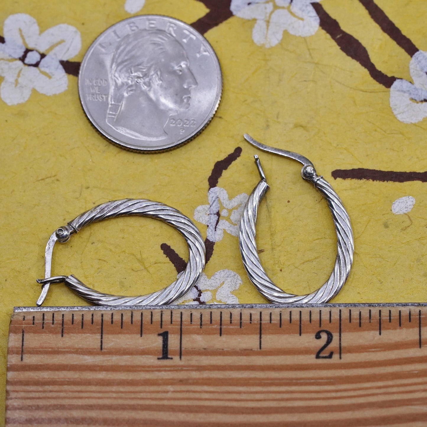 1”, Vintage simple Sterling silver handmade earrings, 925 textured oval hoops