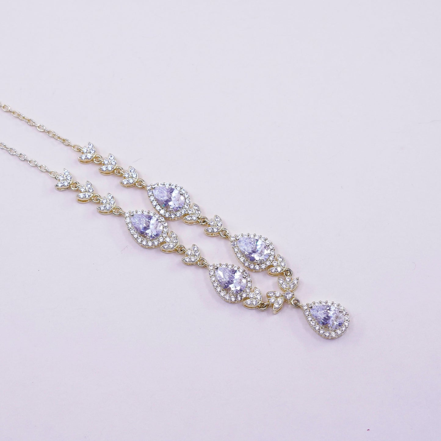 17”, 1mm, Vintage Vermeil gold over sterling silver necklace, 925 circle link chain with teardrop pendant and Cz, stamped 925 China
