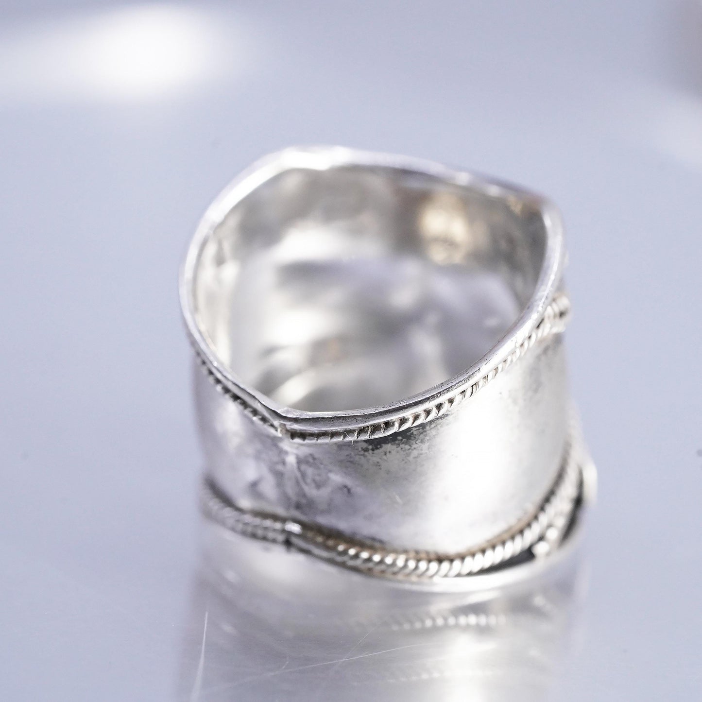Size 9, Sterling Silver Wide Cigar Band Ring, Boho Ring, Openwork Rope 925 Band