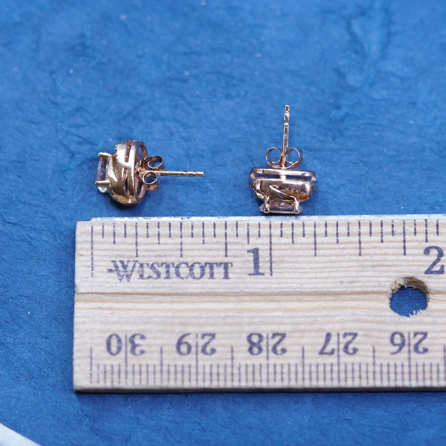 Vintage vermeil rose gold over sterling silver earrings, 925 studs w/ cz inlay