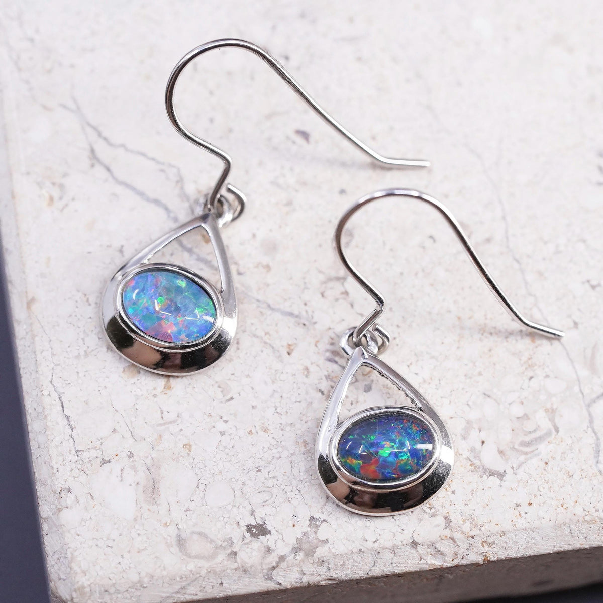 Vintage Sterling silver handmade earrings, 925 oval drops with fire opal