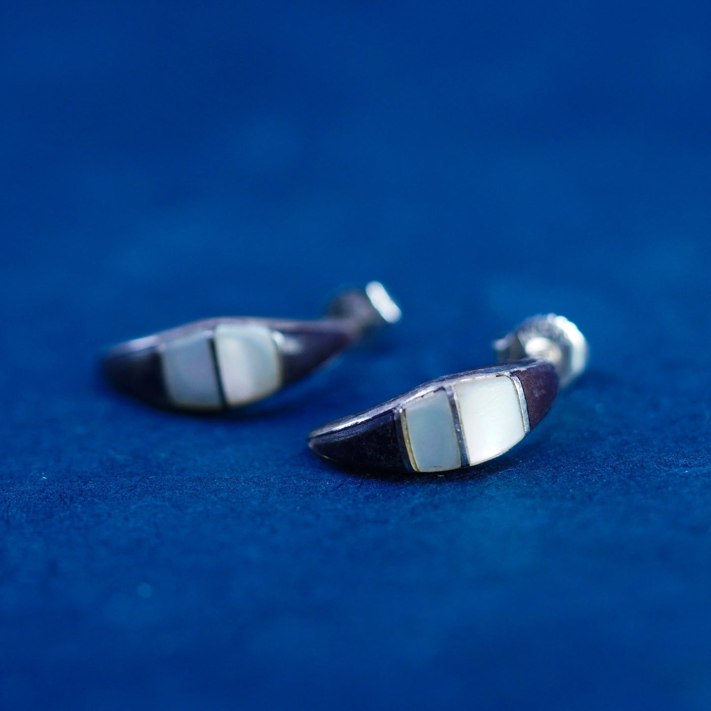 sterling silver handmade earrings, 925 studs with mother of pearl onyx inlay