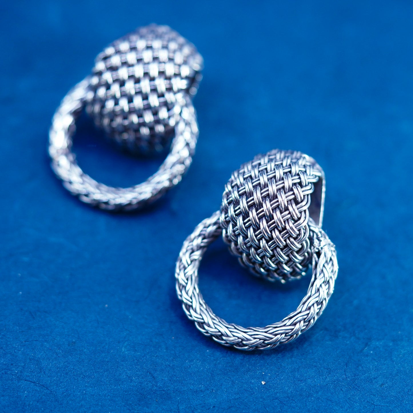 vintage Sterling silver handmade woven braided earrings, 925 studs with hoops