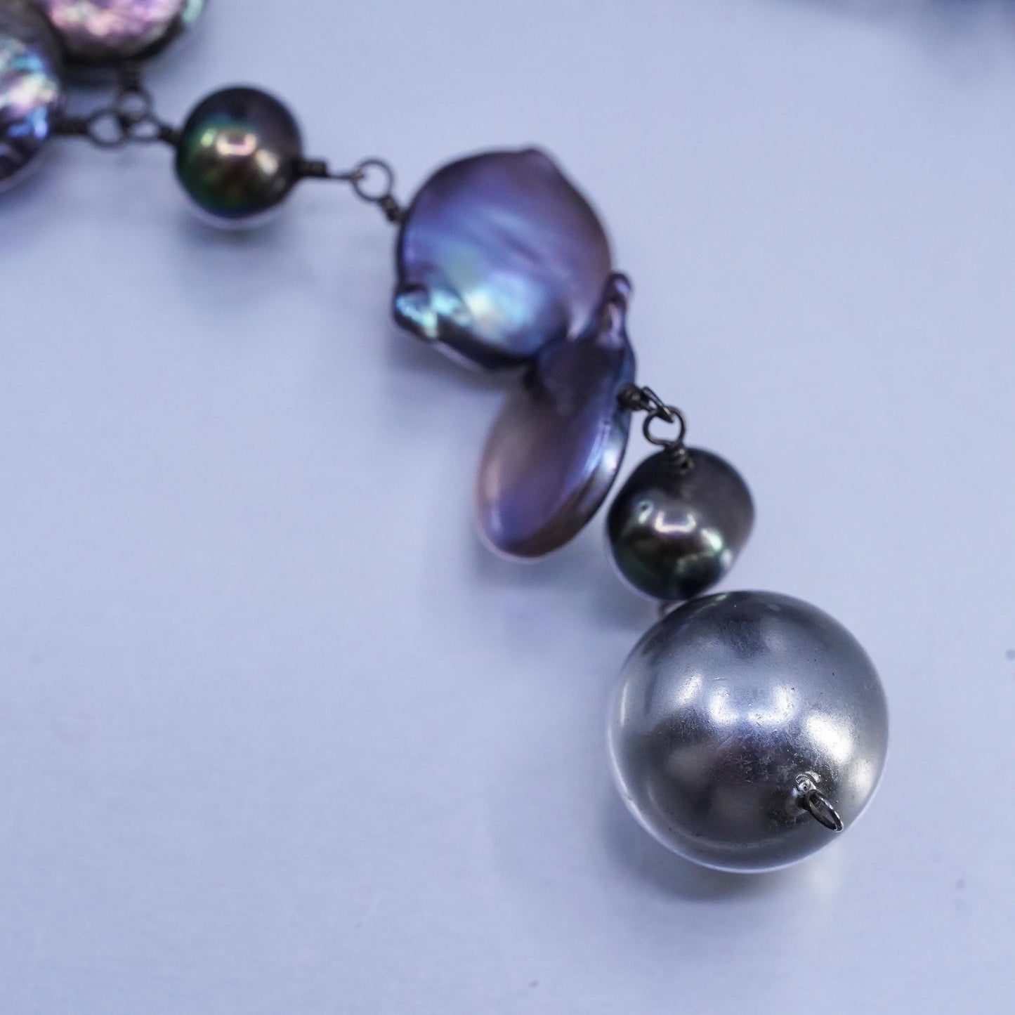 18+2" Vintage Sterling 925 silver handmade necklace black baroque pearl beads