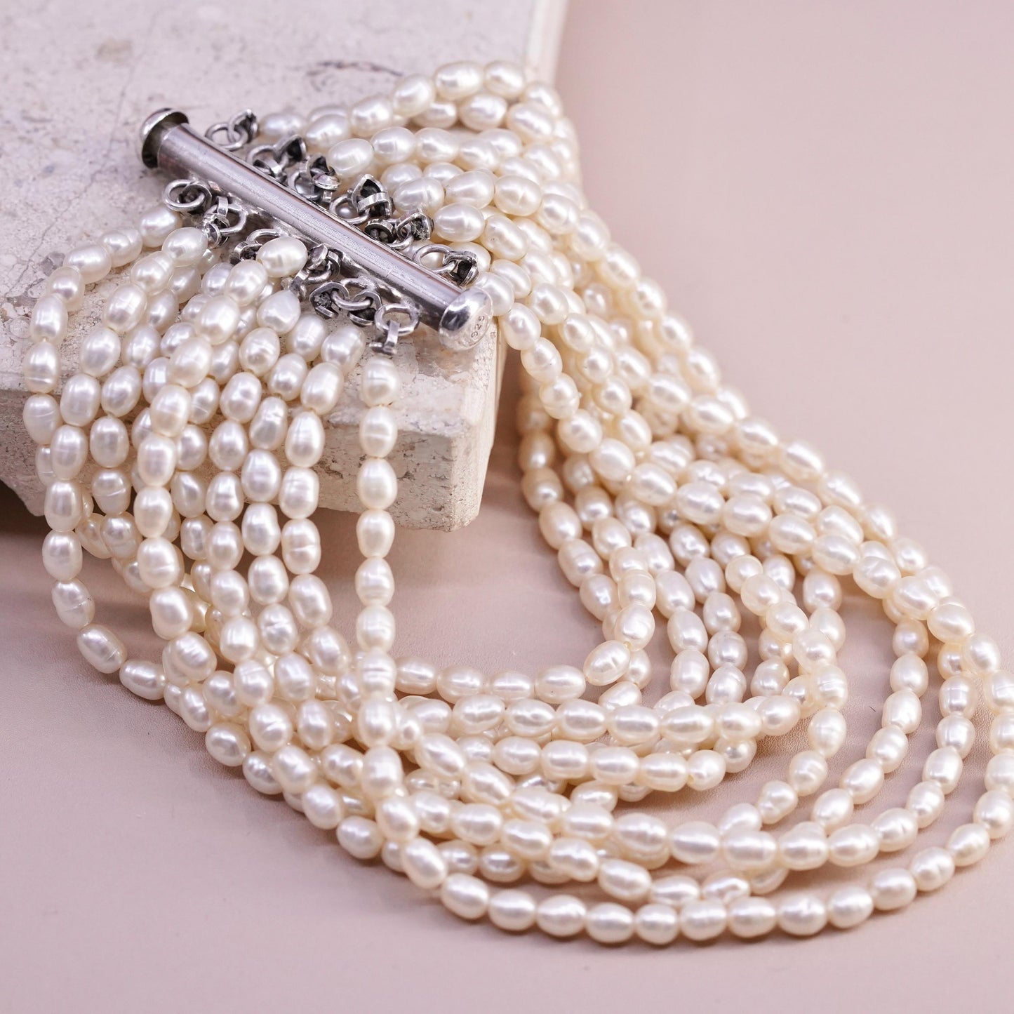 7", vintage Sterling 925 silver multi 10 strands bracelet cluster pearl beads
