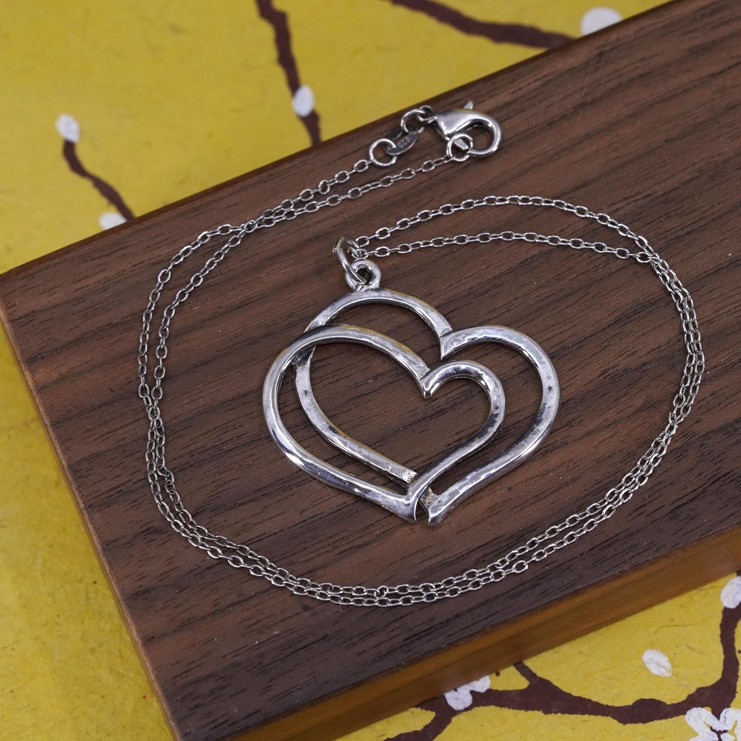 18”, vintage Sterling silver necklace, 925 circle chain double heart pendant