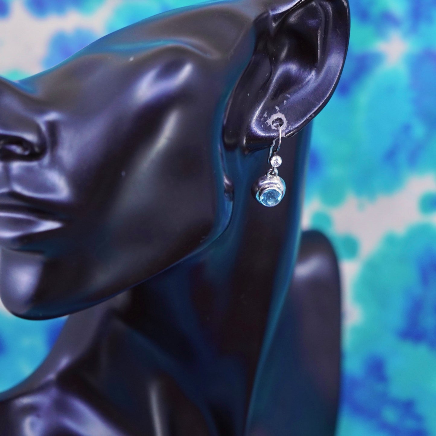 Vintage sterling 925 silver handmade round earrings with blue topaz