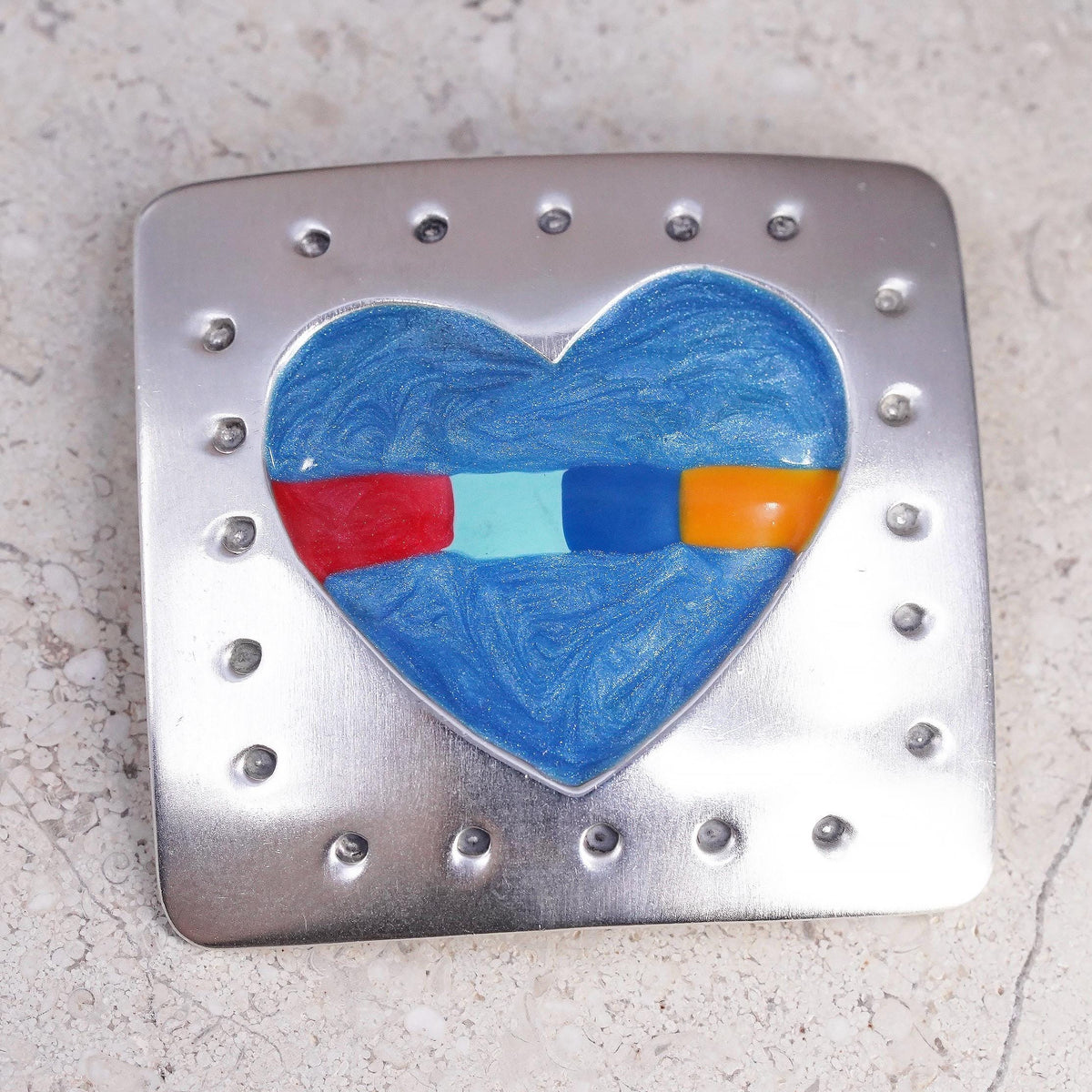 Sterling Silver Enamel Heart Brooch, Colorful Modernist Artisan Pin Square 925