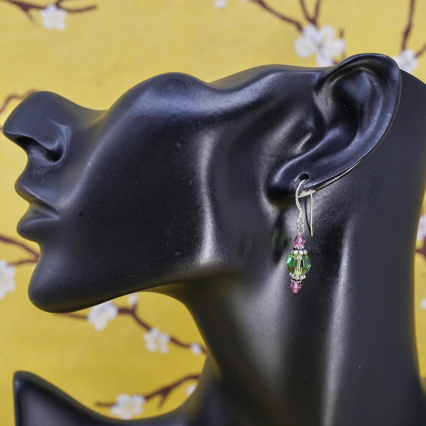 Vintage Sterling silver handmade earrings, 925 hooks with green crystal beads