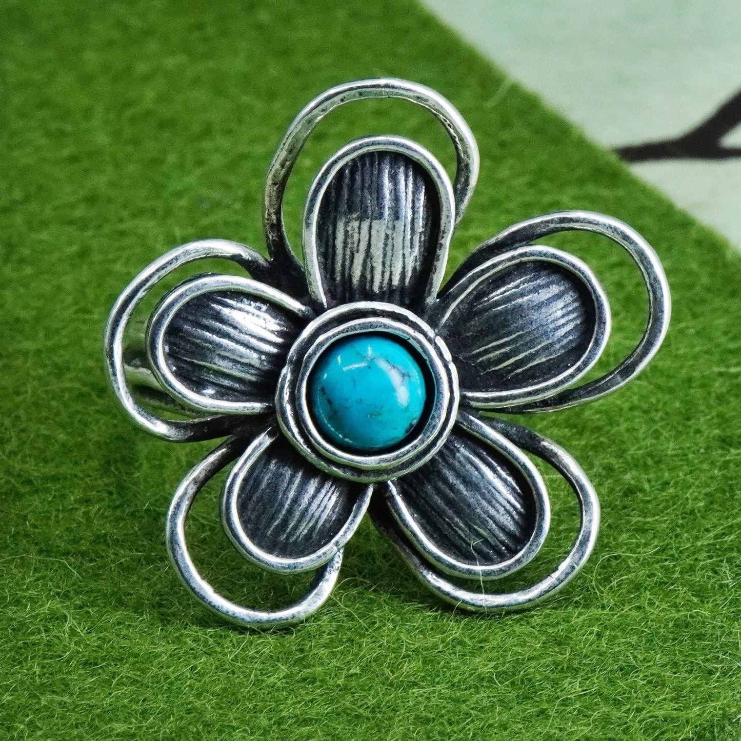 Size 9, Israel Sterling silver ring, 925 flower statement ring turquoise