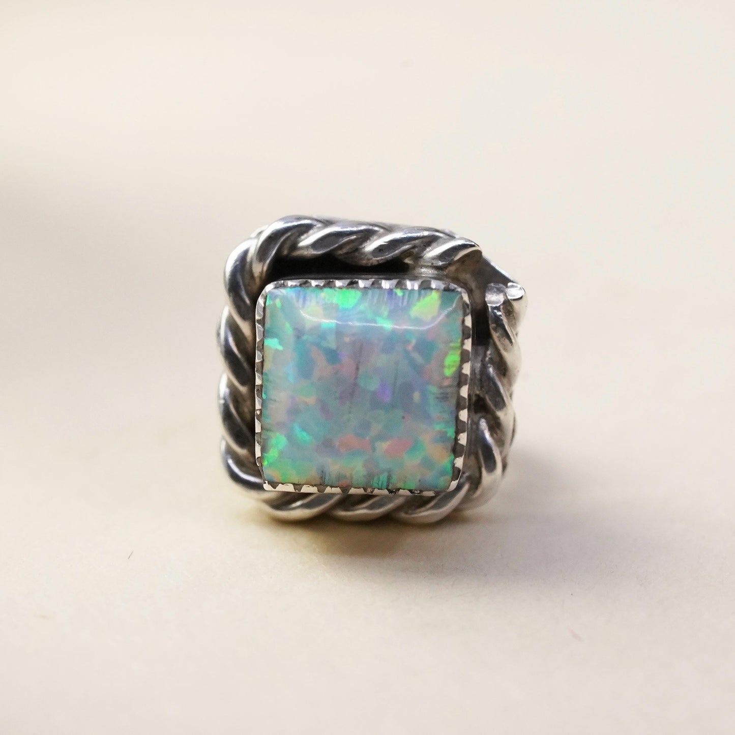 Vintage handmade single earring. Sterling 925 silver square stud with opal