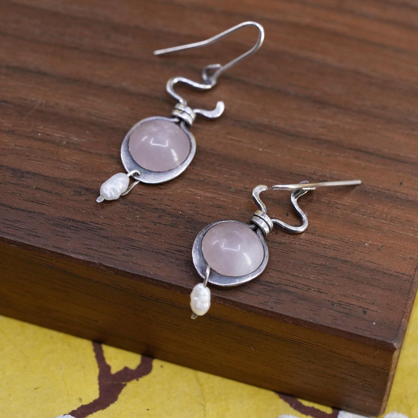 Vintage Sterling Silver Earrings, Pink Rose Quartz Pearl Drop, Handmade 925