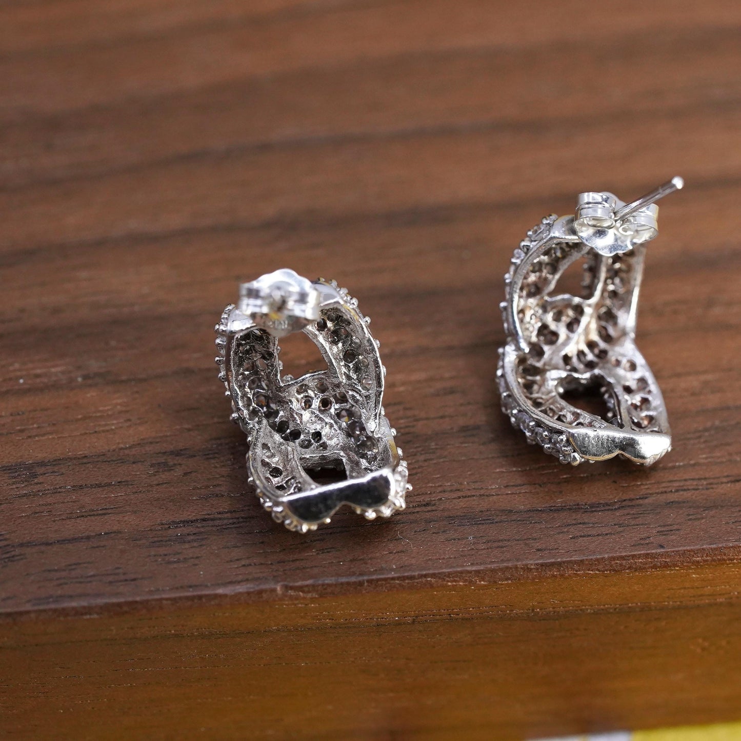 Vintage Sterling 925 silver cluster Cz studs, curb chain style earrings