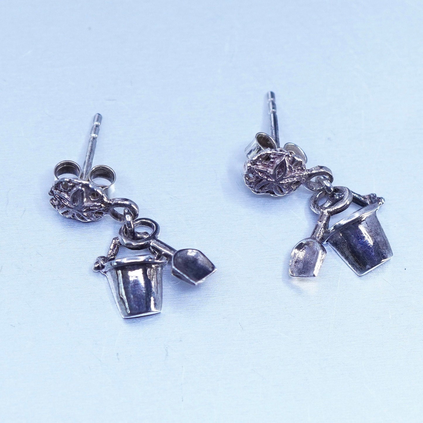 Vintage Sterling 925 silver handmade earrings with bucket shovel dangles