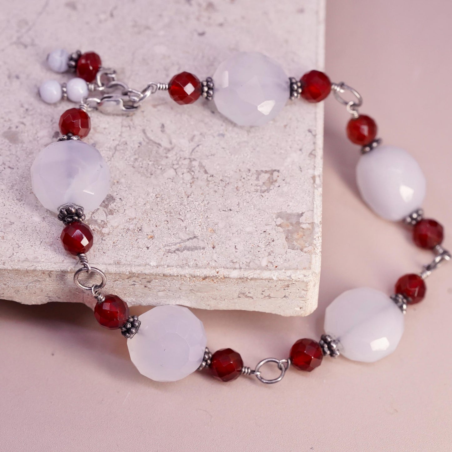 6.75”, vtg sterling silver handmade bracelet, 925 w/ turquoise N carnelian bead