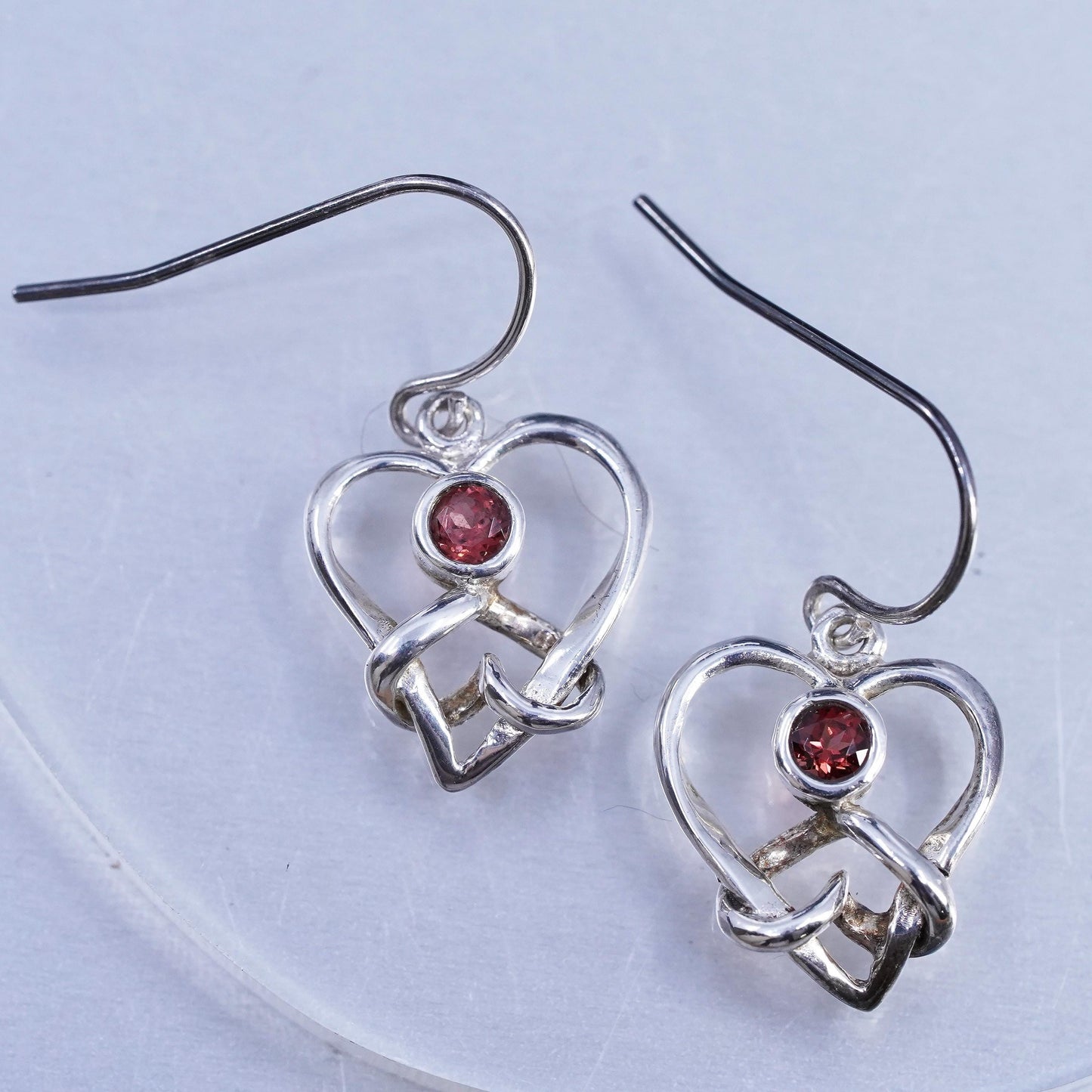 Vintage Sterling 925 silver heart earrings with garnet
