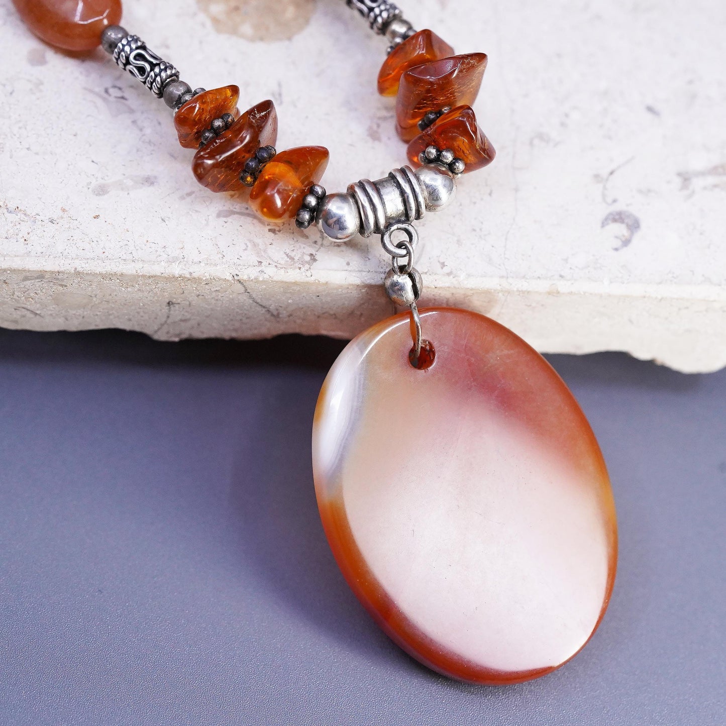 18", vintage Sterling silver necklace, 925 Amber chain teardrop agate pendant