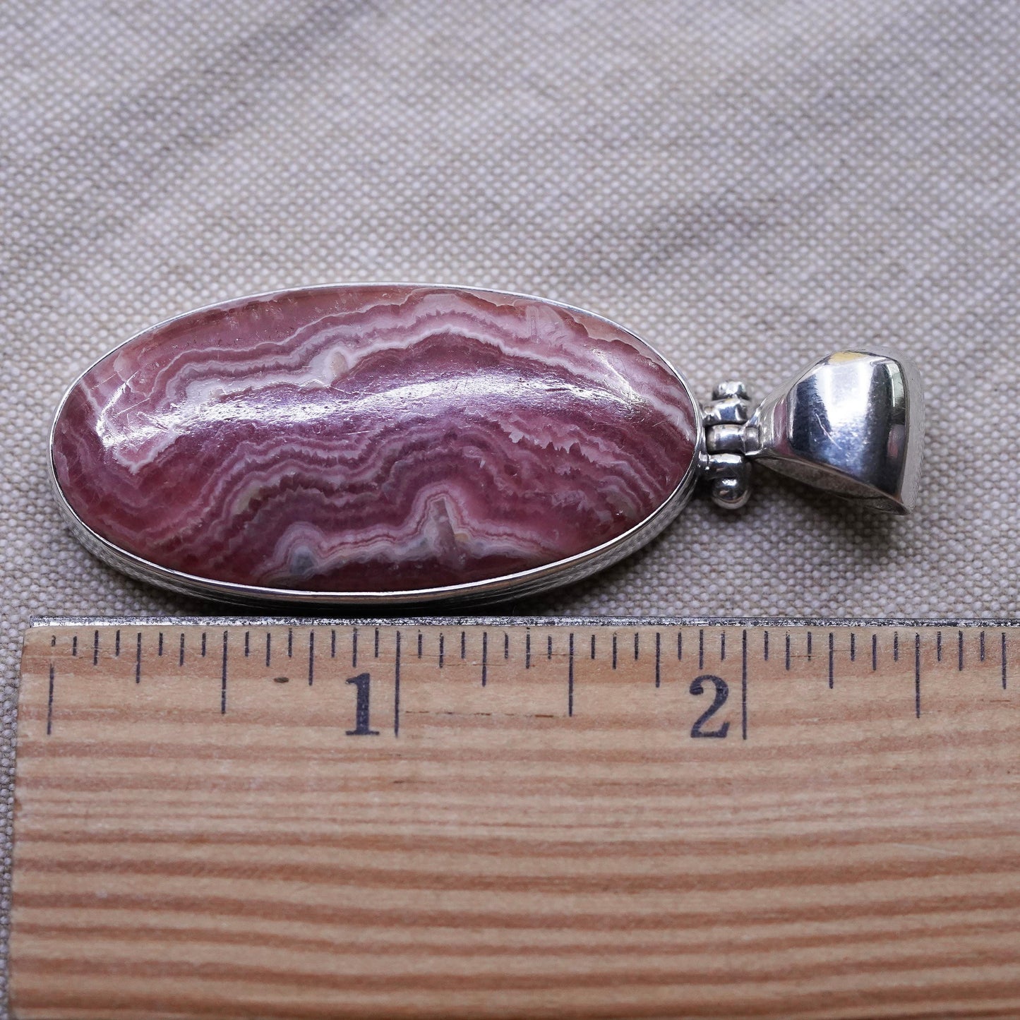 Vintage Sterling 925 silver handmade huge oval pendant with Rhodonite
