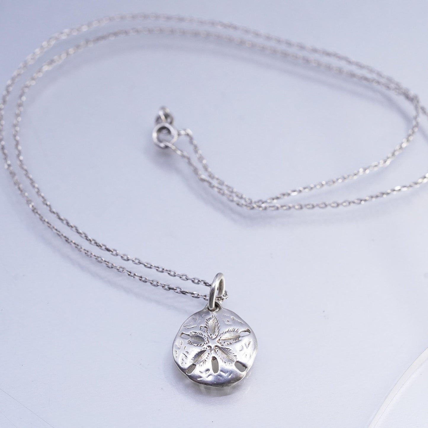 Vintage Sterling silver handmade circle chain necklace, 925 sand dollar pendant