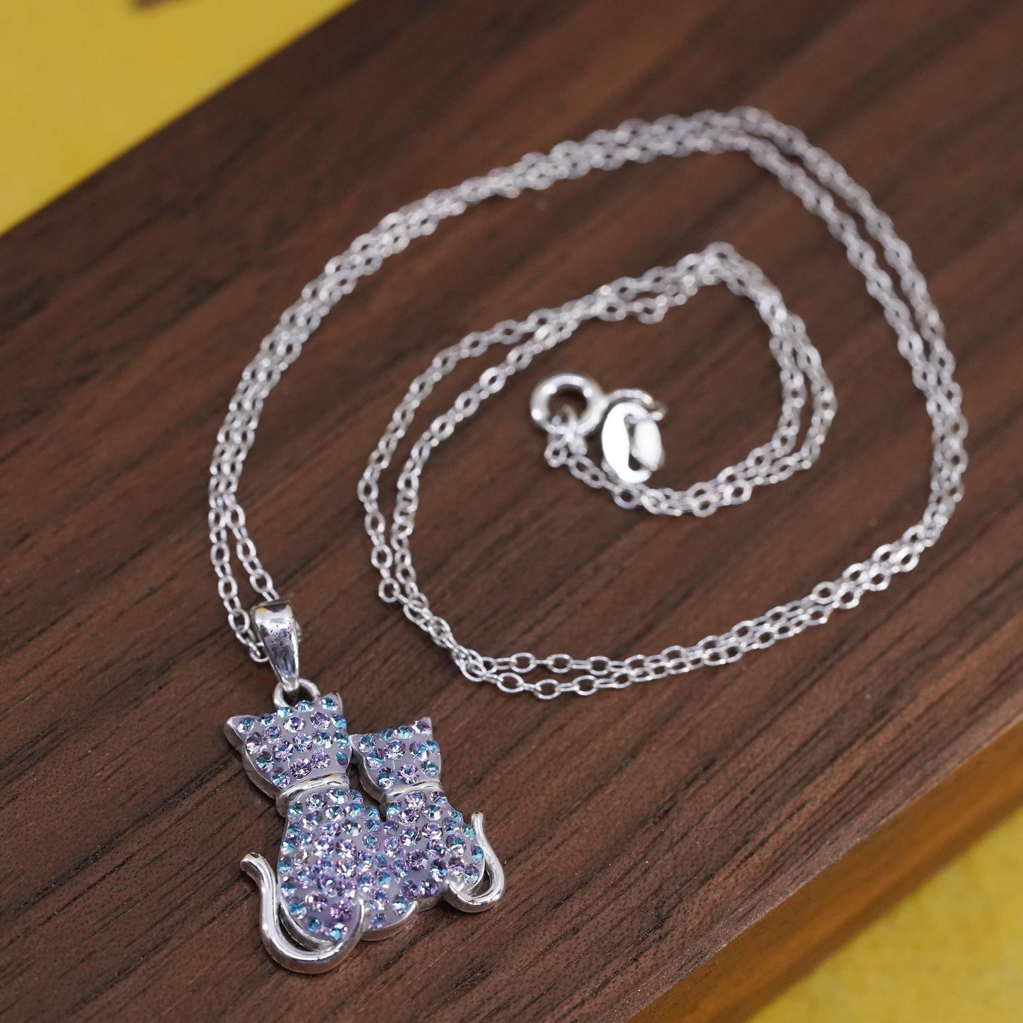18" Sterling silver necklace motherhood, 925 cluster cz cat mother baby, kitty