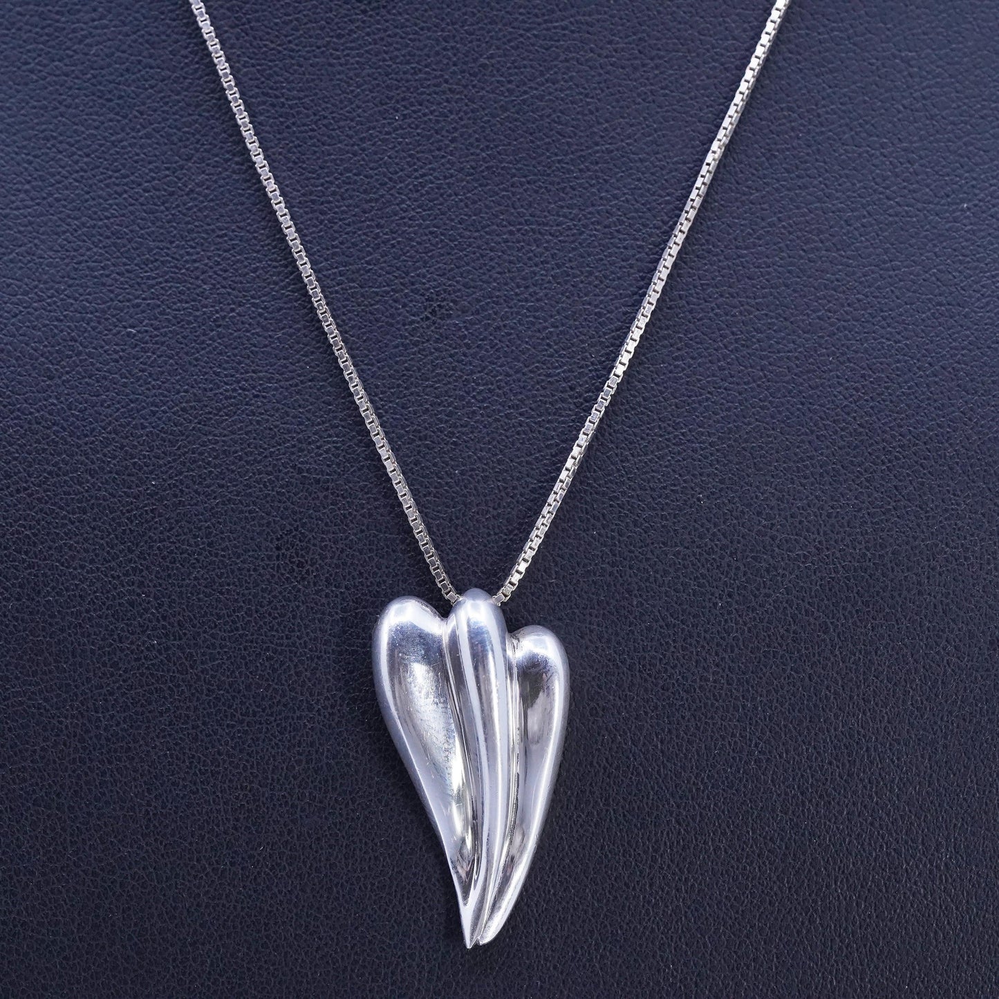 16+2", 925 Sterling Silver Vintage box Necklace with ribbed teardrop pendant