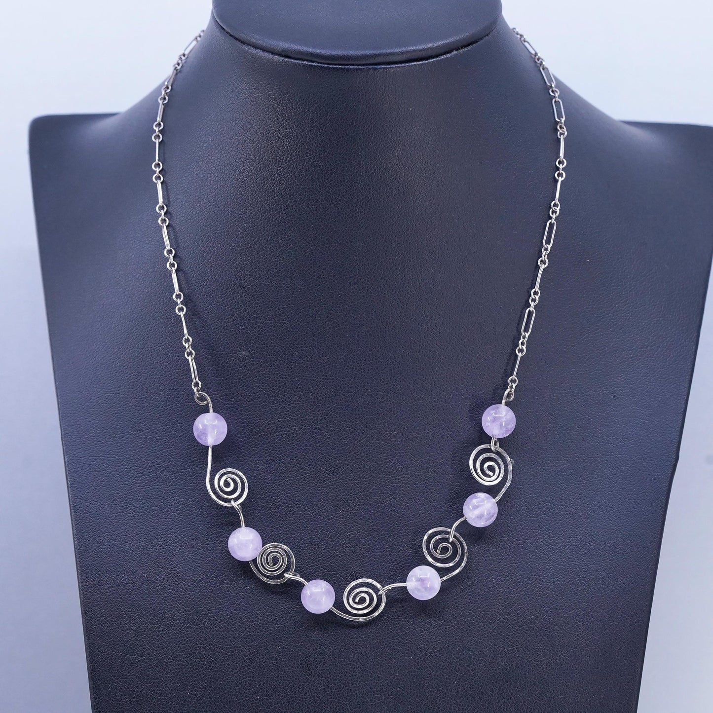 16", vintage Sterling 925 silver elongated chain necklace with amethyst beads
